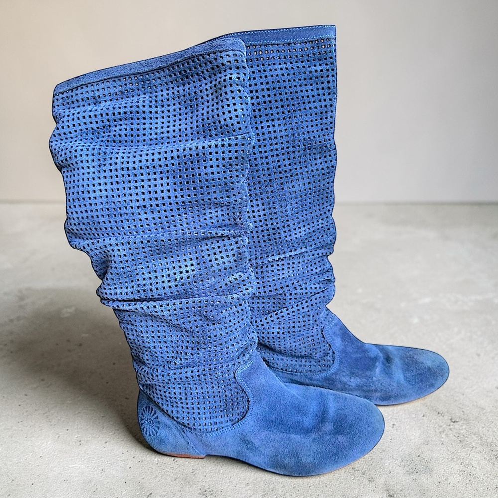 RARE Vintage UGG “Jolee” Blue Suede Perforated Tall Slouch Boots Size 6
